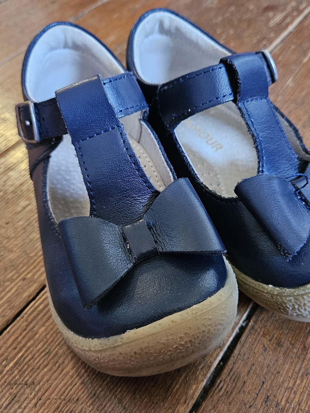 Kids L'amour Navy Bow T-Strap Shoes